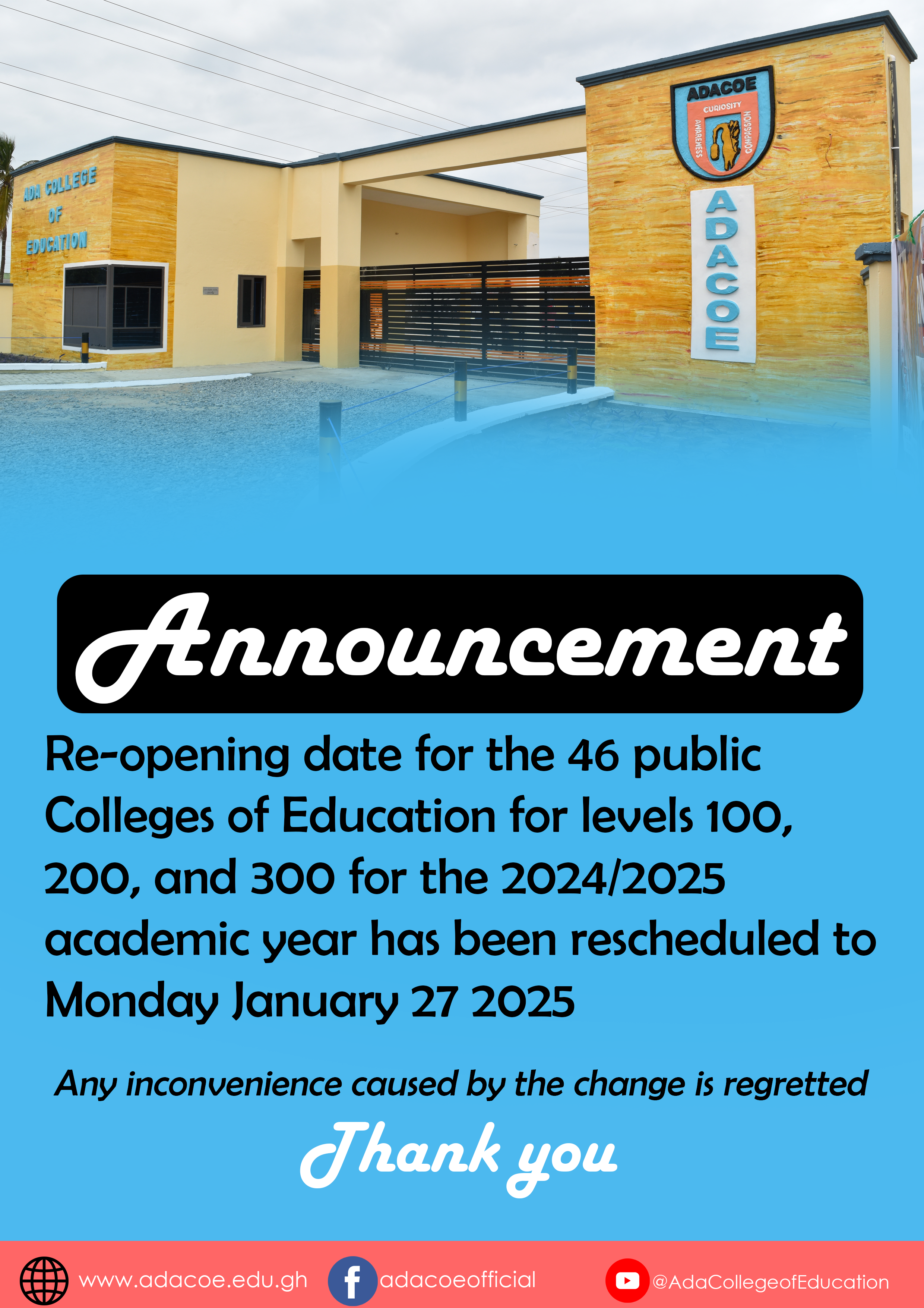 Revised Re-Opening Date for Public Colleges of Education for the 2024/2025 Academic Year