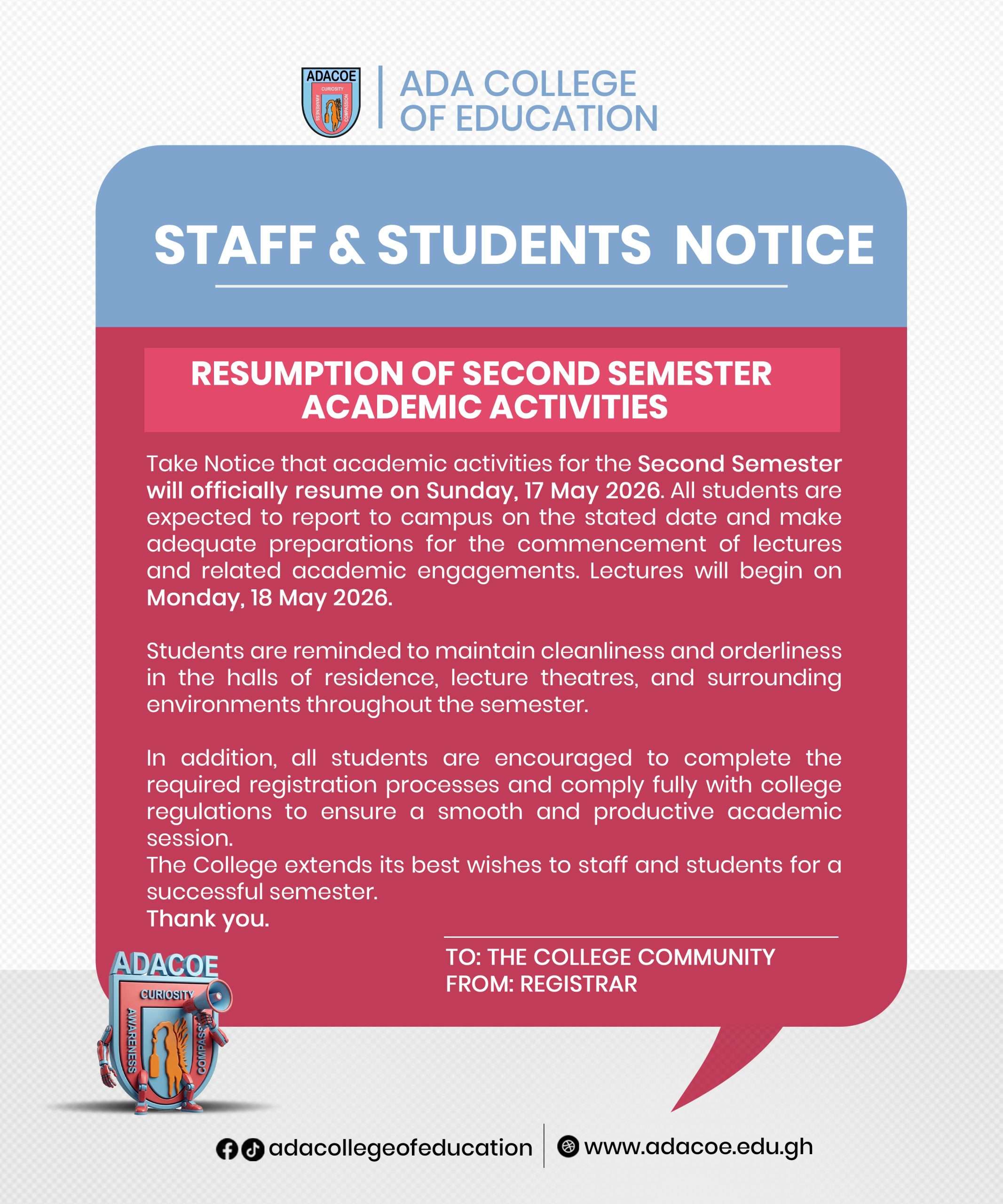 Resumption of Second Semester Academic Activities